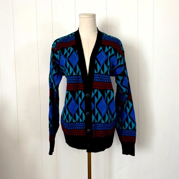 Vintage 80s Geometric Knit Cardigan Sweater Bold Aztec Southwestern Pattern - Picture 1 of 4